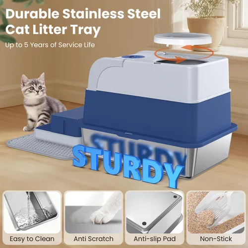 Miniatura 3 de Caja de arena cerrada extragrande, 3 en 1 convertible de acero inoxidable de alta cara con tapa, diseño de pedales de almacenamiento dual, inodoro