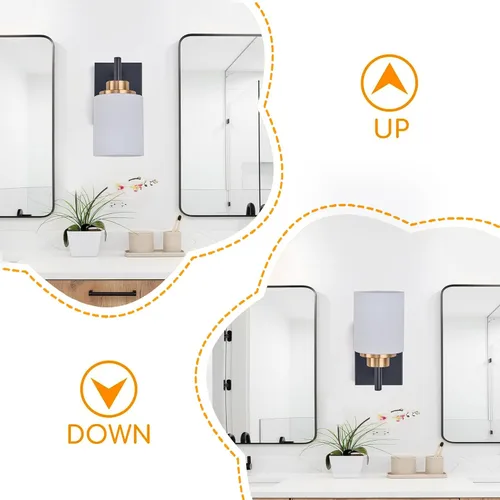 Miniatura 6 de Apliques de pared para baño negros y dorados, juego de 2 1 luz, 4.375 pulgadas de ancho, lámpara de tocador de vidrio blanco - Montaje de pared
