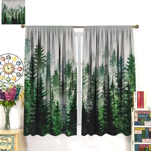 Miniatura 7 de BAEKJIN Cortinas verdes de bosque brumoso, acuarela, naturaleza, paisaje, plantas, árbol, bolsillo para barra, opacas, tratamiento de ventana