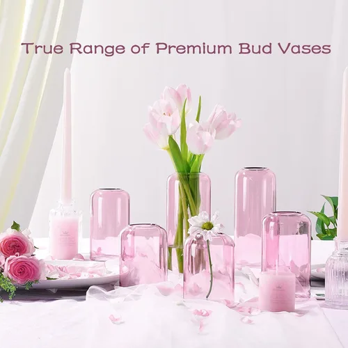 Miniatura 4 de ZENS Juego de 6 jarrones de cristal transparente rosa para flores. Moderno jarrón cilíndrico de vidrio soplado a mano para centros de mesa