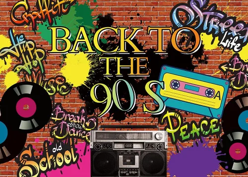 Miniatura 8 de Fondo de fotografía de fiesta temática de los años 90 Hip Hop 90th Graffiti pared de ladrillo Fondo de fotos de vinilo de 5x3 pies Retro Radio Prom
