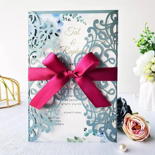Miniatura 9 de Kit de invitaciones de boda de 5.12 x 7.28 pulgadas, 20 unidades de champán en blanco, con purpurina, cortadas con láser, tarjetas de invitación