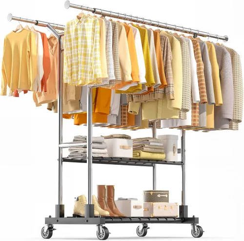 Miniatura 9 de Luxspire Perchero resistente con carga de 650 libras, percheros de ropa de doble barra para colgar ropa, estantes de ropa rodantes con ruedas