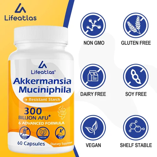 Miniatura 5 de Lifeatlas Akkermansia Suplemento probiótico Akkermansia con 300 mil millones de probióticos AFU Akkermansia, probióticos Akkermansia 6 en 1