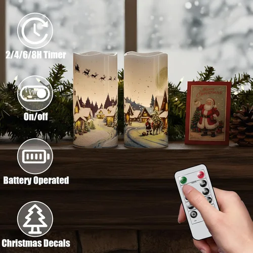 Miniatura 3 de GenSwin Velas de Navidad sin llama con temporizador remoto, juego de 2 velas LED de Navidad que funcionan con pilas con casa de nieve, Papá Noel