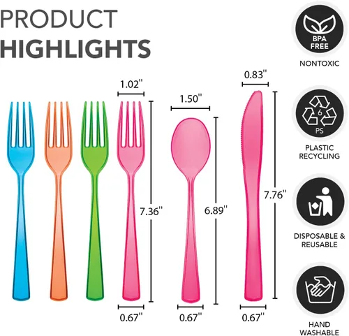 Miniatura 2 de Party Essentials Paquete combinado de cubiertos de plástico duro de alta resistencia, 96 piezas/32 lugares, varios brillantes neón
