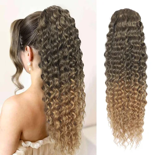 Miniatura 9 de Matriarchs Extensión de cola de caballo corta y rizada con cordón para mujer, pieza de cabello sintético largo afro rizado esponjoso para uso diario