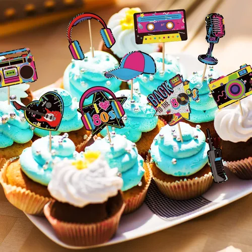 Miniatura 5 de Clabby 32 piezas de decoración para cupcakes de los años 80 y 90, decoración de fiesta de cumpleaños, decoración de pastel de hip hop, decoración