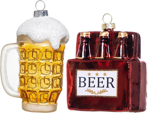 Paquete de 2 adornos de cerveza de vidrio soplado a mano para árbol de Navidad, vidrio pintado a mano, paquete de 6 adornos de cerveza y adorno para