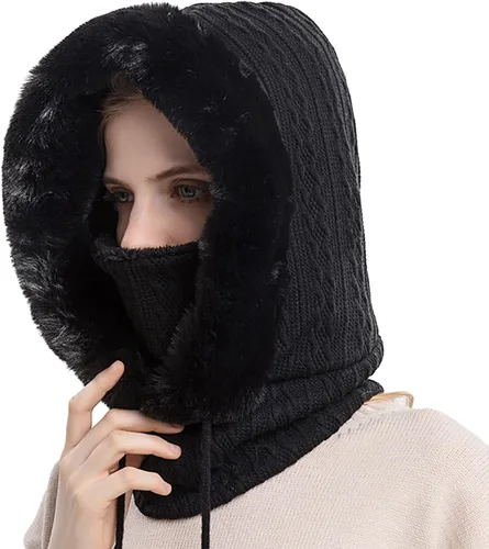 Miniatura 2 de Gorro de lana de una pieza para mujer, bufanda, pasamontañas, cálido, invierno, resistente al viento, con cordón