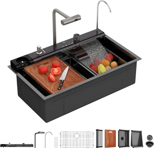 Miniatura 36 de Lordear - Fregadero de barra – Fregadero de barra dorado de 13 x 15 pulgadas con grifo dispensador de jabón, estación de trabajo, calibre 16 T304