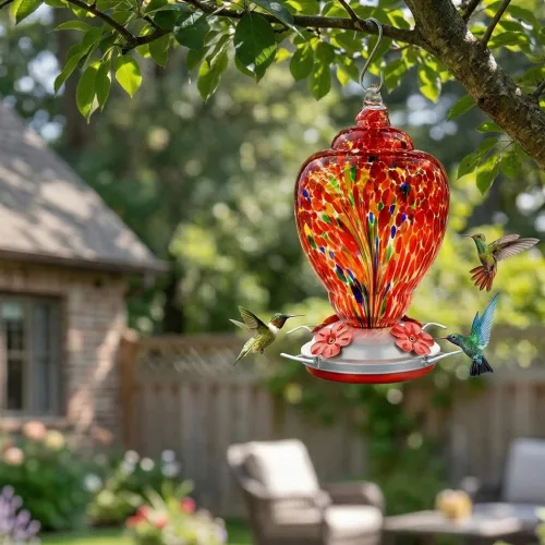 Miniatura 8 de WOSIBO Comedero para colibríes de exterior, grande, 32 onzas, diseño colorido de vidrio soplado, gancho para colgar, foso de hormigas, cuerda