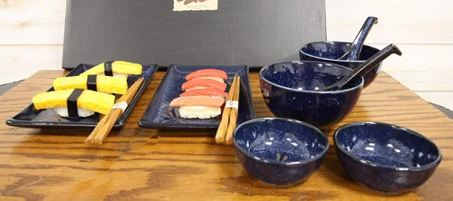 Miniatura 8 de Ebros Gift Juego de 10 platos japoneses de porcelana azul Tombo Dragonfly para sushi para 2 personas, pares de platos de sushi, cuencos de sopa