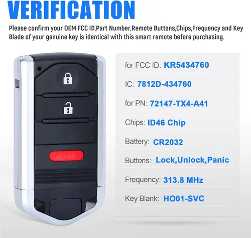Miniatura 3 de Keymall Reemplazo de llavero remoto de entrada sin llave para Acura RDX 2013 2014 2015 FCC ID: KR5434760 P/N: 72147-TX4-A41 3 botones