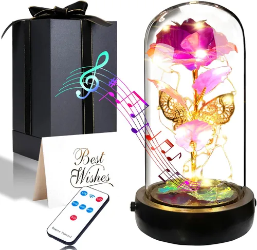 Miniatura 9 de Regalos de rosas de cumpleaños para mujeres y mamá, regalo de rosa de cristal blanco colorido Rainbow Rose in Glass Dome with Music Box, Light Up