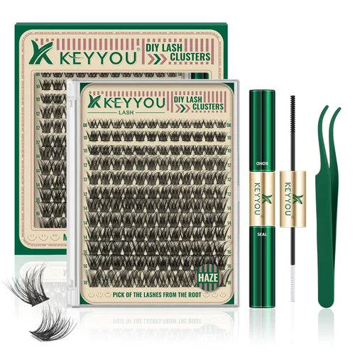 Miniatura 109 de KEYYOU Racimos de pestañas, 96 piezas de extensiones de pestañas DIY, rizado D de 16 mm, negro, realista, no irritante, fácil de colocar en casa