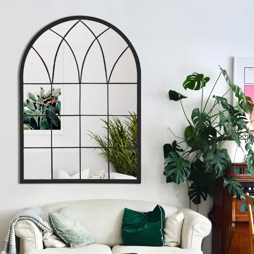 Espejo de pared de ventana arqueada, espejos de marco de metal de 35 pulgadas con patrón de rejilla, acabado antiguo negro, espejo decorativo de