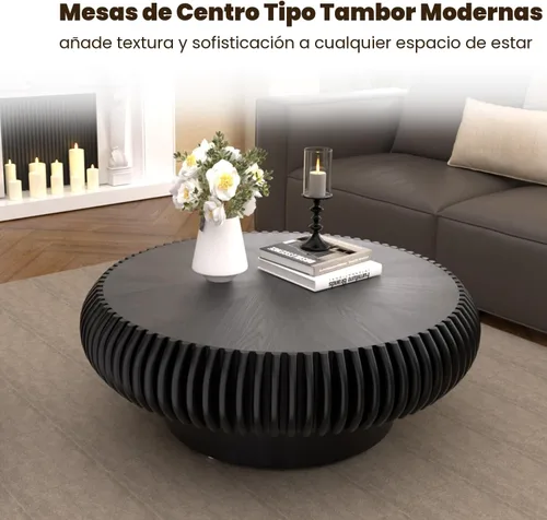 Miniatura 3 de Mesa de centro de tambor de 31.5 pulgadas, moderna y única, mesa de té acanalada, mesa de centro redonda de madera contemporánea con mesa central