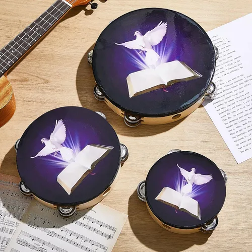Miniatura 5 de Boao - 6 paquetes de pandereta de 6'' 8'' 10'' con diseño de paloma y biblia, pandereta de mano para adultos con doble fila de cascabeles, tambor