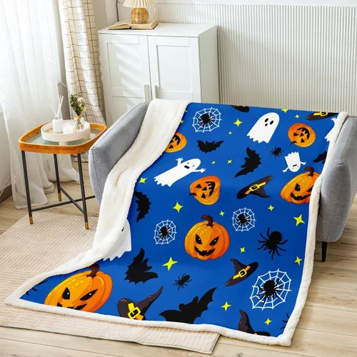 Miniatura 12 de Manfei Manta de Halloween con farol de calabaza, fantasmas, para decoración de habitación de niños y niñas, manta de araña negra para sofá, manta