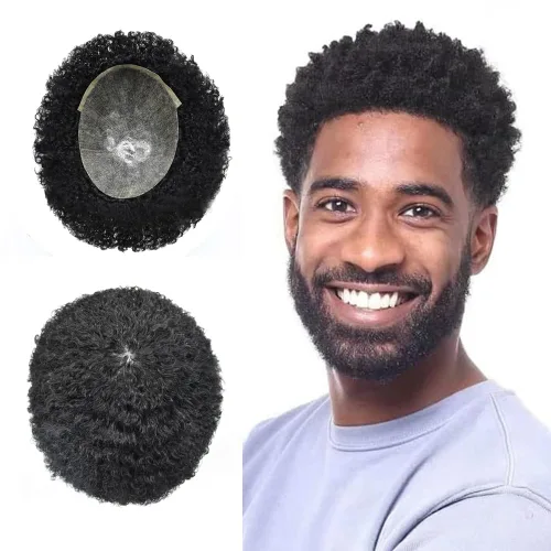 Miniatura 16 de Tupé rizado afro para hombres negros Full Poly African American Curl sistemas de cabello humano inyectado PU Coily Male Hairpieces Poly Hair
