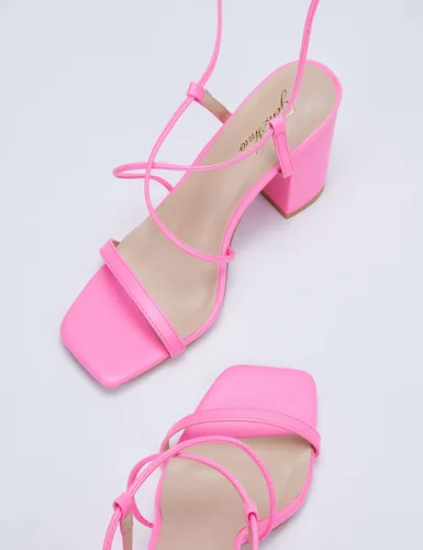 Miniatura 3 de GENSHUO Sandalias de punta cuadrada para mujer, con cordones, tacones altos gruesos, sandalias de tacón de bloque, zapatos de vestir de boda, Rosa