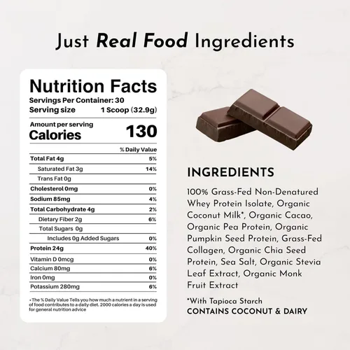 Miniatura 6 de Proteína en polvo de chocolate – Mezcla de 30 porciones con suero de leche 100% alimentado con pasto y proteínas vegetales orgánicas – rico sabor a