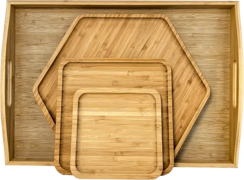 Miniatura 10 de Bandejas de bambú con tablas de cortar 16.5"x11.8" (42x30cm con asa, el set incluye platos de 0.63" (1.6cm) de grosor 1xHexágono 12.5" (32cm) +