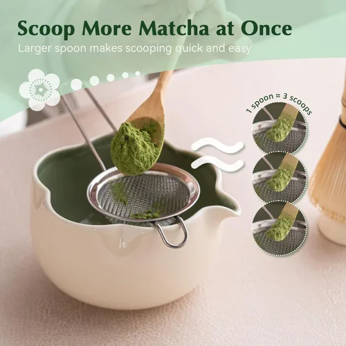 Miniatura 5 de Juego de Matcha, Juego de Matcha de Cerámica Floral de 8 Piezas con Batidor de Matcha, Soporte, Cuchara, Reposa-cuchara, Colador, Cuchara y Paño