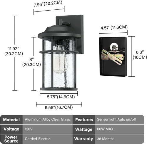 Miniatura 6 de Farol de pared para exteriores, aplique de pared impermeable exterior, iluminación de montaje en pared negra antioxidante con pantalla de vidrio
