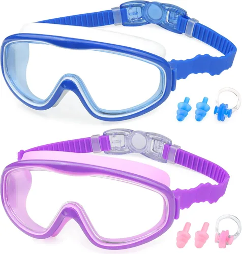 Miniatura 10 de KAILIMENG Gafas de natación para niños, paquete de 2 gafas de natación para edades de 3 a 15 años, antivaho y anti-rayos UV Cear de visión amplia