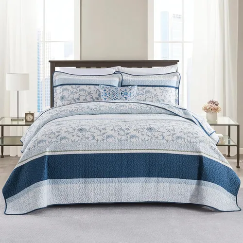 Miniatura 10 de DDUOXIN Edredón 100 % algodón, tamaño Queen, moderno, botánico, con 2 fundas de almohada, colcha con estampado floral a rayas, juego de ropa de cama