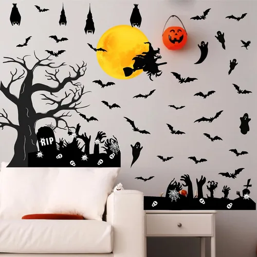 Miniatura 6 de Barri Design Calcomanías de pared de murciélago de Halloween, árbol de luna, bruja, calcomanías de pared extraíbles para Halloween, calcomanías