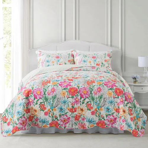 Miniatura 34 de NEWLAKE - Juego de cubrecama reversible de microfibra bordada con patrón floral en relieve en jacquard beige, tamaño queen