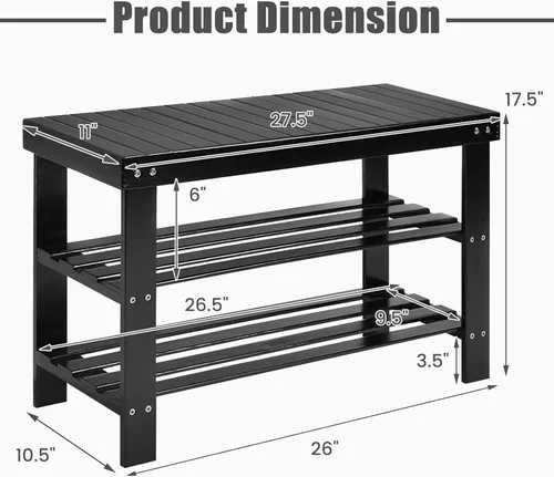 Miniatura 3 de Giantex Banco de zapatos de entrada, organizador de zapatos de bambú con capacidad para hasta 6 pares, 3 niveles de almacenamiento de zapatos Negro