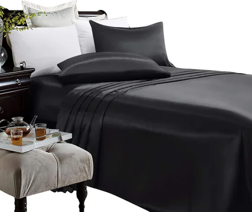 Miniatura 10 de Anex Linen Juego de sábanas de satén, juego de ropa de cama de 4 piezas, hilos altos, juego de sábanas 100% satén beige ultra suave, juego