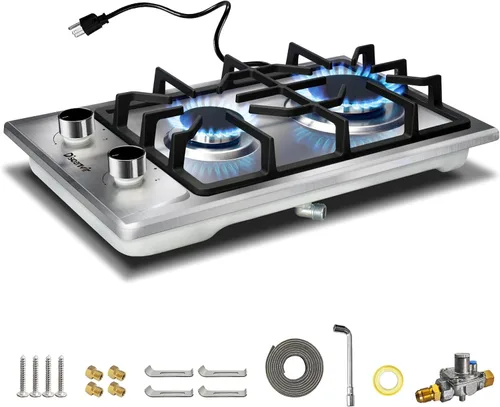 Cocina de gas de 2 quemadores de propano - Estufa de gas de acero inoxidable de 12 pulgadas para combustible dual LPG/GN, quemador de gas portátil