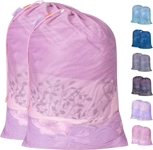 Miniatura 8 de Polecasa Bolsas de lavandería grandes de malla de diamante extra resistentes con cierre de cordón y etiqueta de identificación, paquete de 2 bolsas