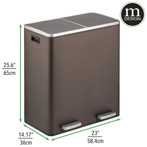 Miniatura 2 de mDesign Cubo de basura grande de acero de metal de 16 galones/60 litros; cubo de basura de doble compartimento/combo de reciclador para cocina