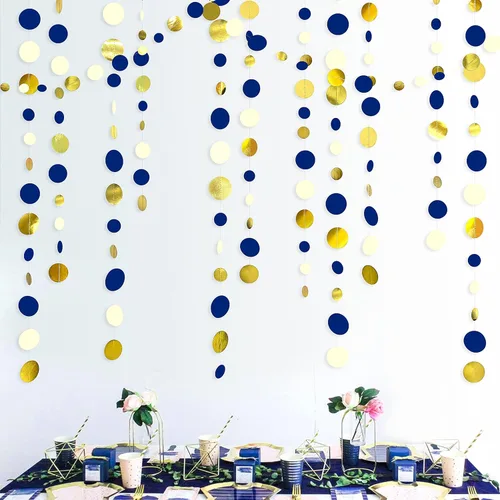 Miniatura 45 de Guirnalda de 46 pies de puntos circulares azul marino, negro y plateado, serpentina de lunares azul real y negro para cumpleaños, graduaciones