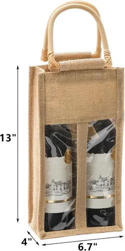 Miniatura 2 de Peohud Paquete de 2 bolsas de arpillera para botellas de vino, 4 botellas de yute para vino, bolsas de regalo de embalaje vintage con ventana y asa