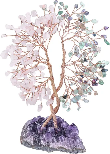 Miniatura 8 de mookaitedecor Árbol de cristal de aventurina verde natural y aguamarina con base de racimo de amatista, árbol del dinero de la vida adorno