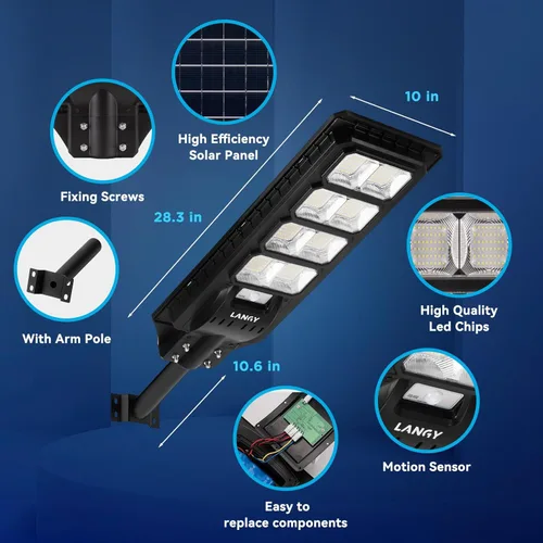 Miniatura 3 de LANGY 2PACK Luces solares de calle para exteriores 200000 lúmenes con control remoto, sensor de movimiento de atardecer a amanecer, lámpara solar