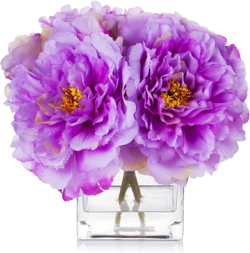 Miniatura 10 de ENOVA FLORAL Flores de seda de peonías en jarrón, flores falsas con agua sintética en jarrón de vidrio para decoración de mesa de comedor, centros