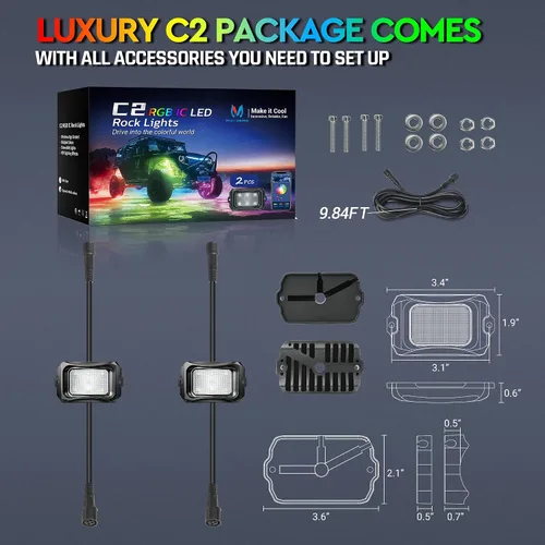 Miniatura 6 de MICTUNING C2 Max RGB+IC Chasing Color Rock Lights - 2 piezas (no incluye controlador)