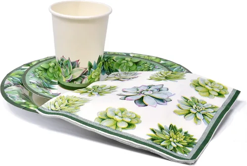 Miniatura 4 de Gift Boutique Juego de 96 piezas de suministros para fiestas suculentas: platos de papel, tazas y servilletas para tema de cactus y vegetación