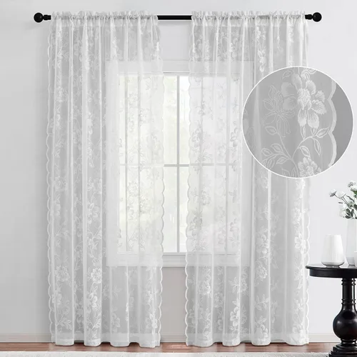 Miniatura 2 de FINECITY Cortinas de encaje blanco para dormitorio, cortinas de encaje floral con bordado vintage de hojas de 72 pulgadas de largo, cortinas