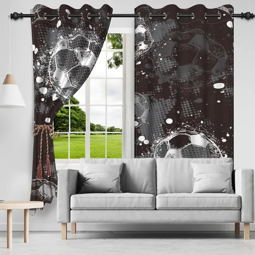Miniatura 3 de Cortinas opacas de fútbol para dormitorio de niños, con temática deportiva, para sala de fútbol, cortinas de fútbol en blanco y negro