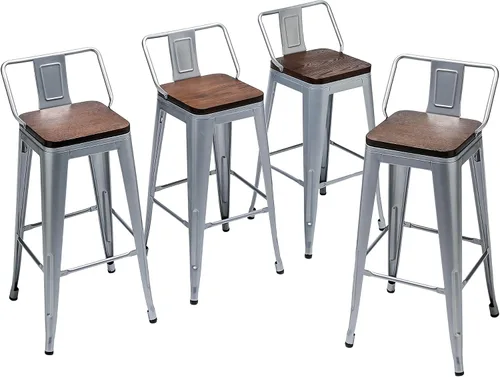 Miniatura 10 de Taburetes de bar de metal con respaldo, juego de 4 taburetes de altura de encimera de cocina con asiento de madera de 24 pulgadas, negro mate