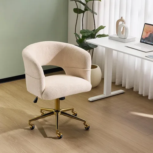 VINGLI Silla Moderna Curvada de Oficina y Tocador, Bonita Silla Tapizada con Tachuelas con Ruedas y Giro de 360° e Inclinación y Base Dorada, para